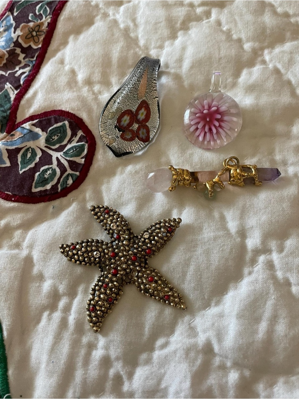 Four Striking Pendants Starfish, Two Glass, Stone Bar